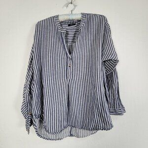 BDG Womens Striped Long Sleeve Popover Shirt Blouse Top Small Blue White Casual
